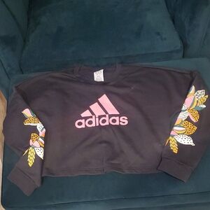 adidas Black Crewneck Sweatshirt with Pink Logo and Multicolor Sleeve Accents